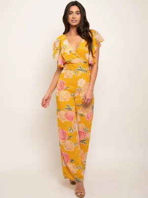 WOMEN'S V-NECK RUFFLE SLEEVES FLORAL JUMPSUIT