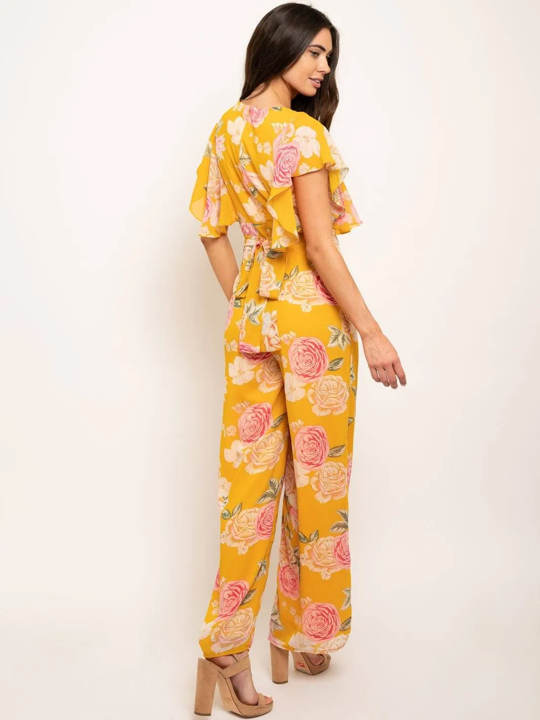 WOMEN'S V-NECK RUFFLE SLEEVES FLORAL JUMPSUIT
