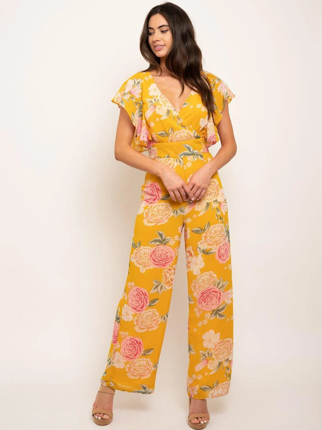 WOMEN'S V-NECK RUFFLE SLEEVES FLORAL JUMPSUIT