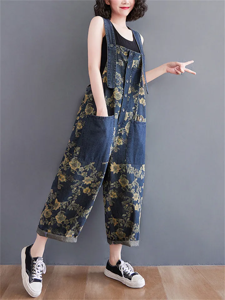 Yellow Flower Print Adjustable Strap Women's Denim Overalls